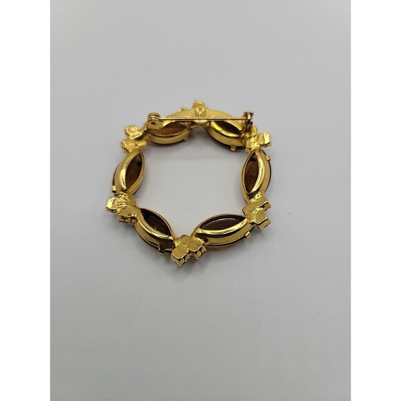 Vintage Brooch Pin Round Gold Tone Brown Yellow Crystals Jewelry Costume - Picture 12 of 13